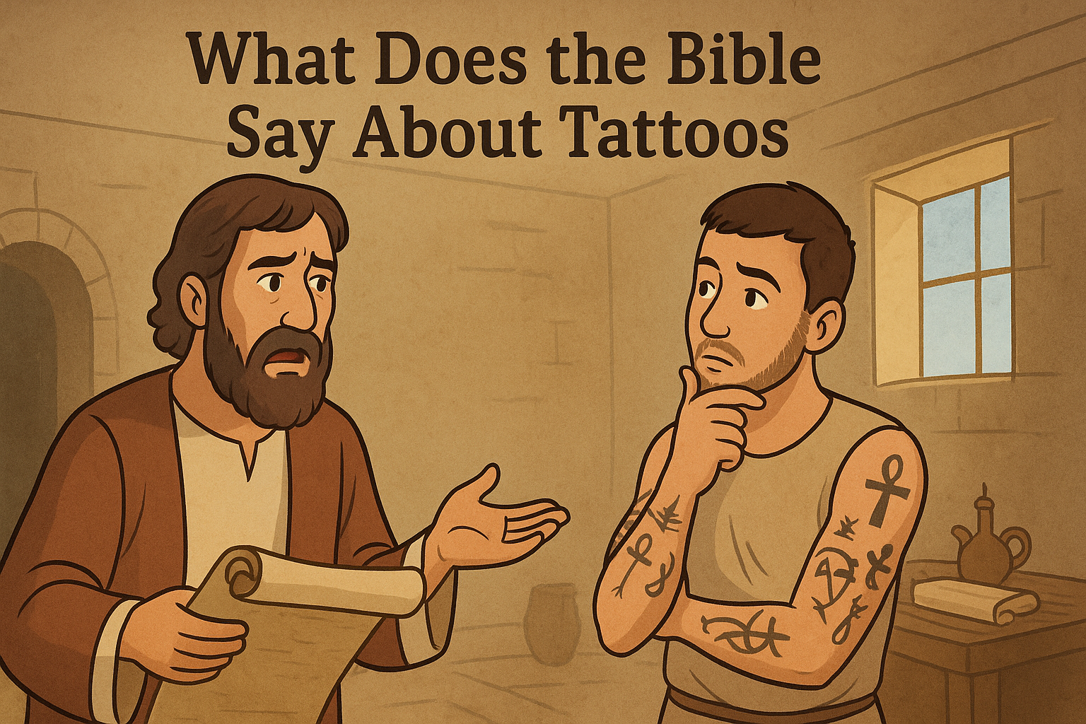 Cartoon illustration representing what does the bible say about tattoos