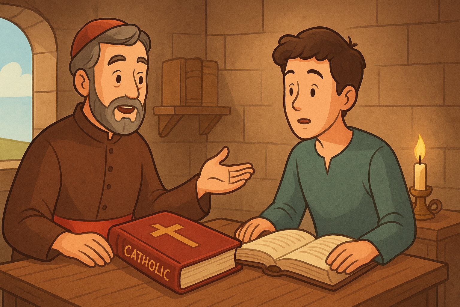 Cartoon illustration representing what bible do catholics use