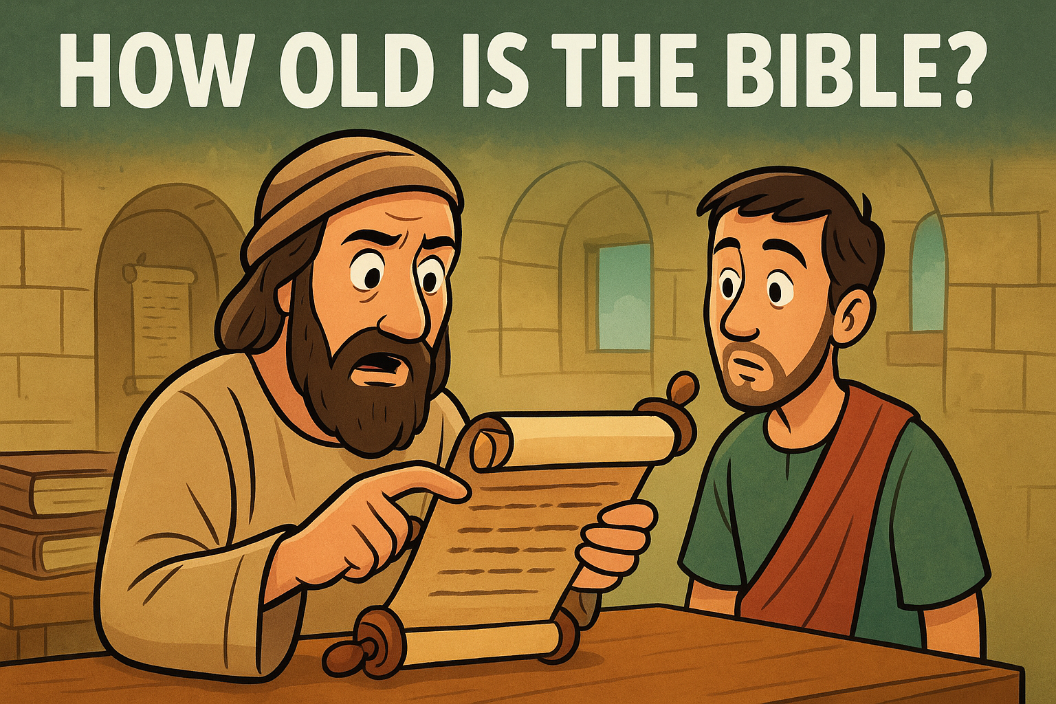 Cartoon illustration representing how old is the bible