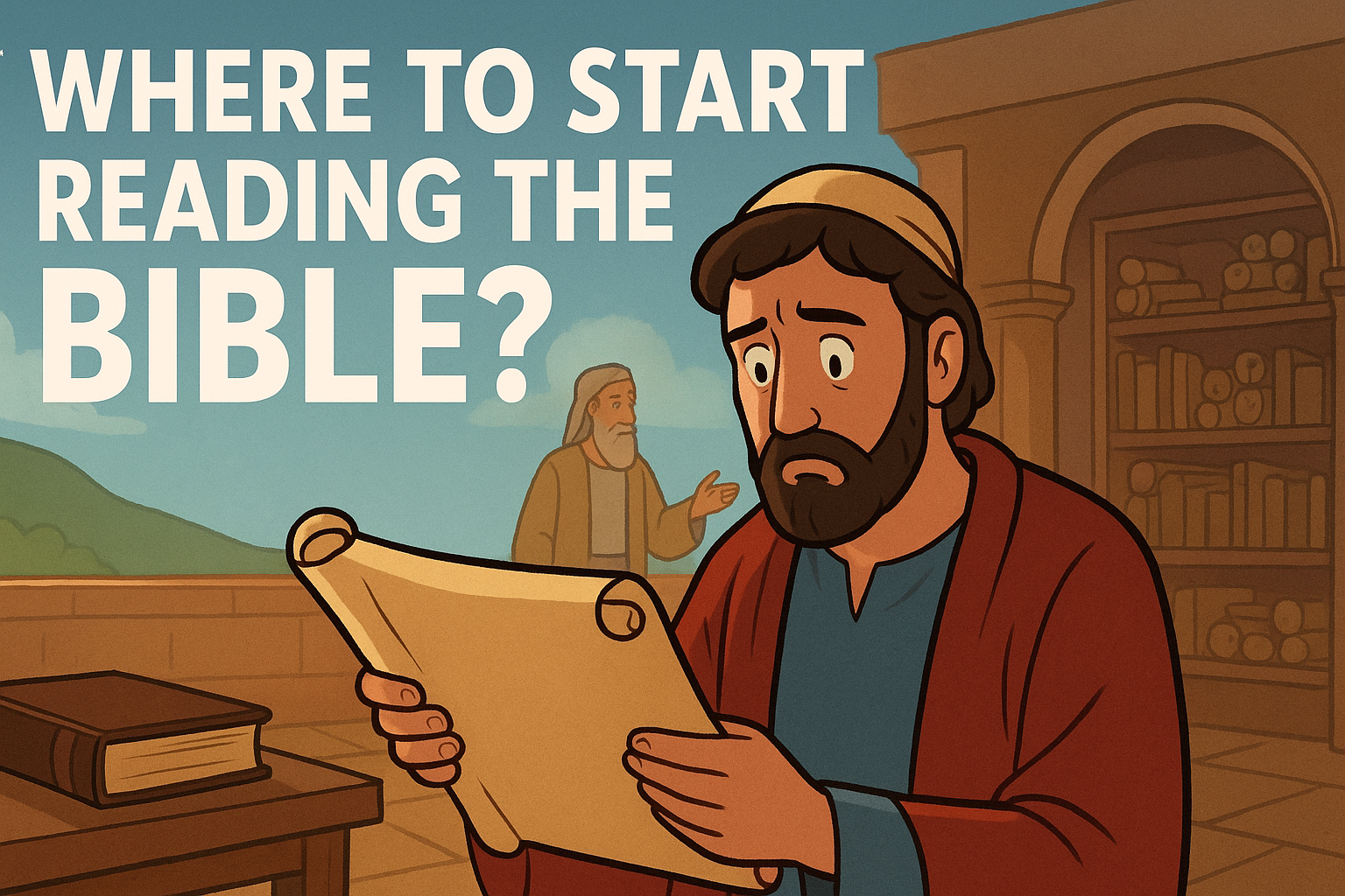 Cartoon illustration representing where to start reading the bible