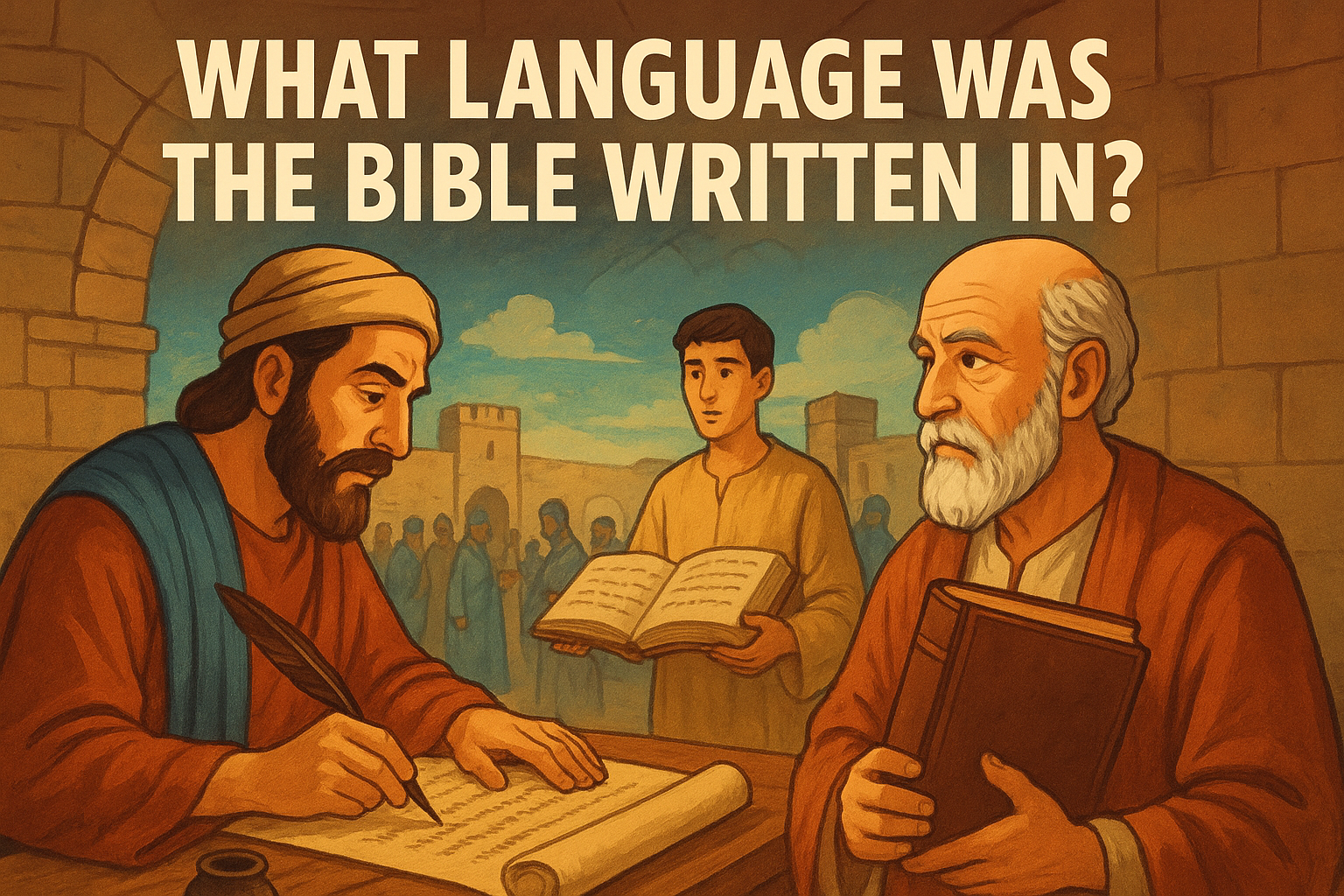 Cartoon illustration representing what language was the bible written in